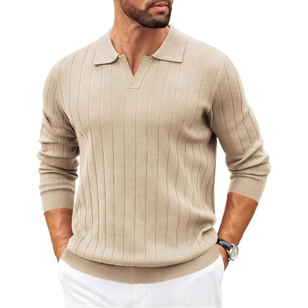 Men's Polo Sweaters Long Sleeve V Neck Knit Casual Pullover Sweater Khaki